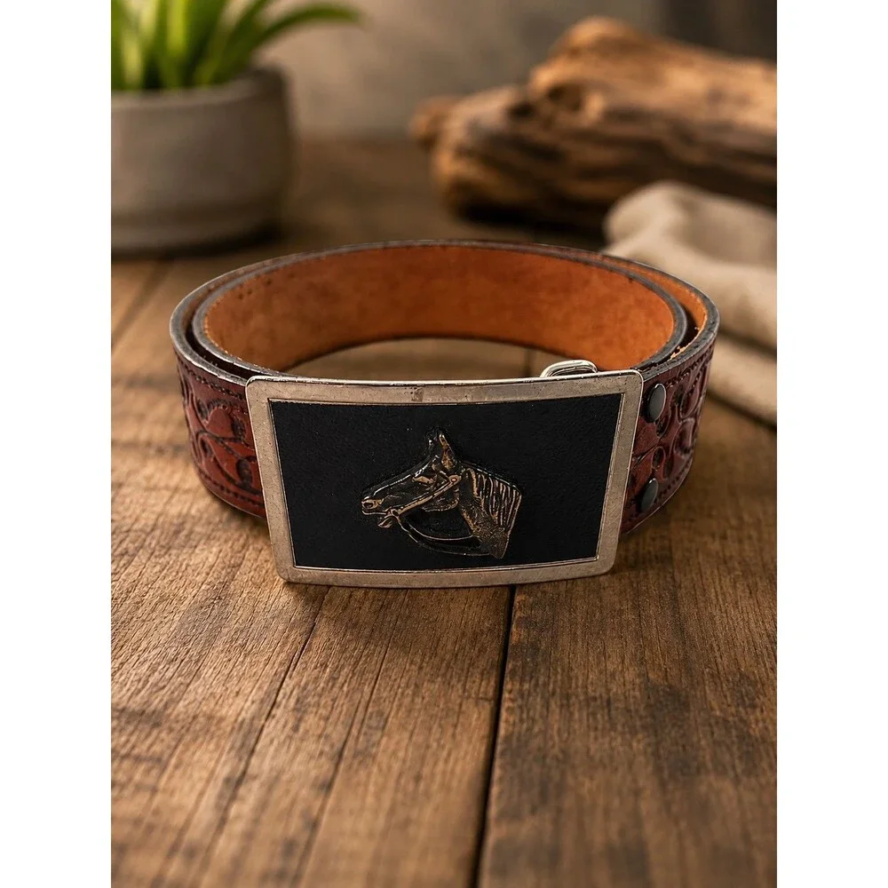 Vintage Tooled Brown Western Horse Head Belt – Silver Tone Buckle 40 